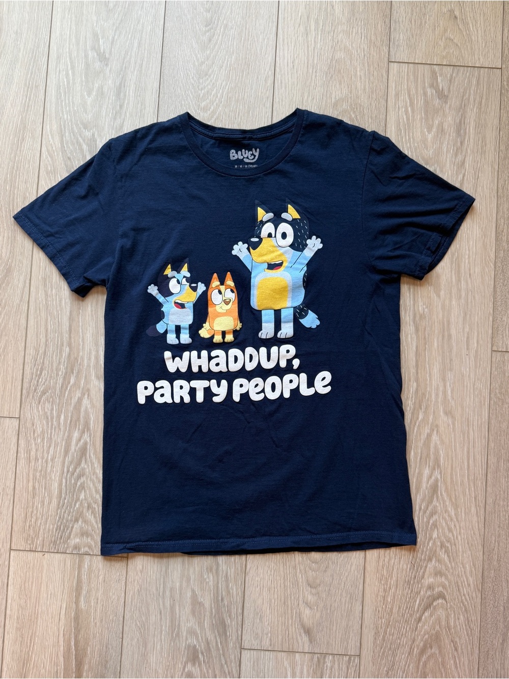 Bluey Men’s Medium Navy Blue Whaddup Party People Graphic T-Shirt Mad Engine